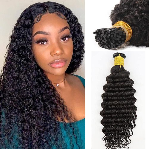 24Inch Deep Wave I Tip Hair Extensions Long Curly Wave Keratin Hair Bundles 3C Curly I Tip Hair Extensions Brazilian Virgin Hair 50g 50strands Pre Bonded Microlinks Human Hair Extensions for Women