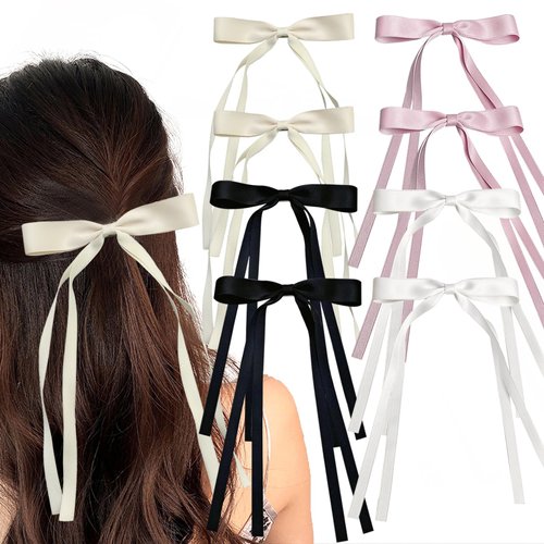8Pcs Hair Bows for Women Tassel Ribbon Bowknot Hair Clips with Long Tail Solid Bow Hair Clips for Long Hair Accessories Barrettes Claw Hair Bows for Girls 4 Colors (white,pink,black,beige)