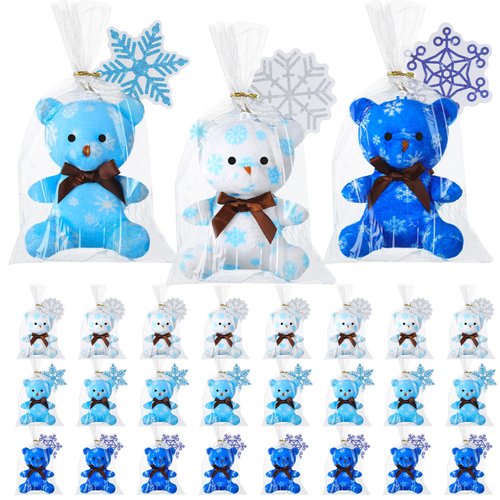 Poen 27 Pack Christmas Mini Plush Bears with Cards Set Jesus Winter Plush Bears Stuffed Animal for Classroom School Kids Exchange Prize Gifts Religious Bear Toy for Xmas Party Favors(Snowflake)