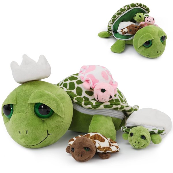 MaoGoLan Turtle Stuffed Animal 14in with Babies Inside -3 Baby Stuffed Turtles & 2 Turtle Eggs in Zip, Sea Turtle Soft Plush for Kids Boys Girls, Tortoise Gift for Birthday Christmas Baby Shower