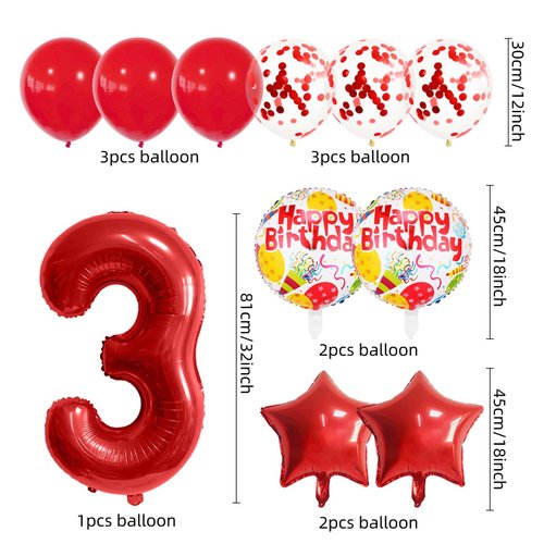 32 Inch 3 Balloon Number, Red Balloons, Red Confetti Latex Balloon Foil Balloons Mylar Balloons 3 Birthday Balloon for Anniversary Supplies Kids Birthday Party