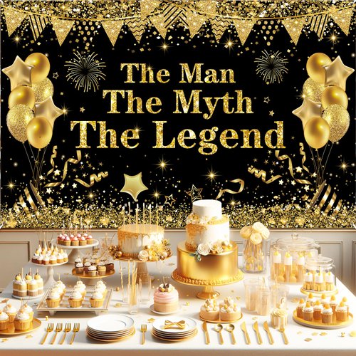 The Man The Myth The Legend Decorations Backdrop Banner, Black Gold Glitter Birthday Party Decorations Banner for Men Dad Father's Day Backdrop for Retirement Bachelor Party Supplies