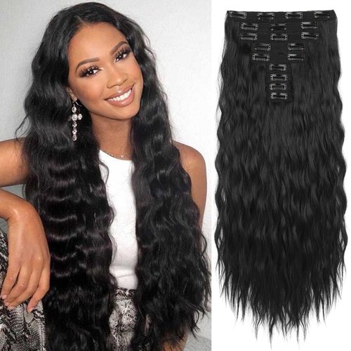 Hair Extensions, REECHO 9PCS Clip in Hair Extensions 24" Thick Long Mini Mermaid Wave Luxurious Lightweight Japanese Technology HYOUITSU Fiber Invisible Soft Lace Weft - HE009 Black