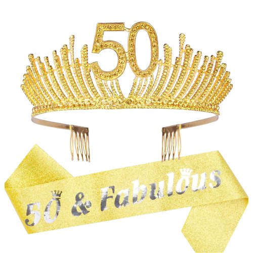 MEANT2TOBE 50th Birthday Sash and Tiara for Women - Fabulous Glitter Sash + Queen Rhinestone Gold Premium Metal Tiara for Her, 50th Birthday Gifts for 50 Party