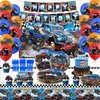 Heidaman 104Pcs Monster Truck Decorations，Monster Truck Birthday Party Supplies，Monster Truck Party decorations，Include Balloons,Backdrop,Banner, Cake Toppers，Tableware, Tablecloth
