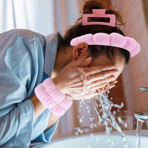 Chanaco Spa Headband, Skincare Headband, Makeup Headband, Headband for Washing Face, Wrist Bands for Washing Face, Face Wash Headband, Teen Girl Gifts Trendy Stuff, Pink Cute Hair Accessories