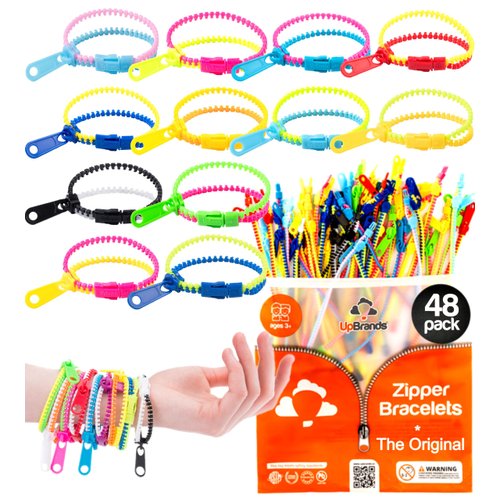 UpBrands 48 Fidget Toys Friendship Zipper Bracelets 7 ½”, Party Favors for Kids, Sensory Bulk Set Neon Colors, Kit for Valentines, Birthday, Goodie Bag, Easter Egg Basket Stuffers, Pinata Fillers