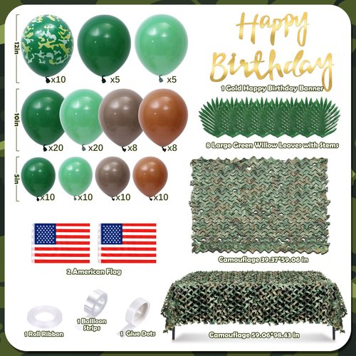 Keleno 133 Army Birthday Party Decorations Military Camo Party Supplies Camouflage Netting Balloon Arch Garland Kit Backdrop Tablecloth Flag Banner Hunting Soldier Birthday Decor for Boy Adult Men