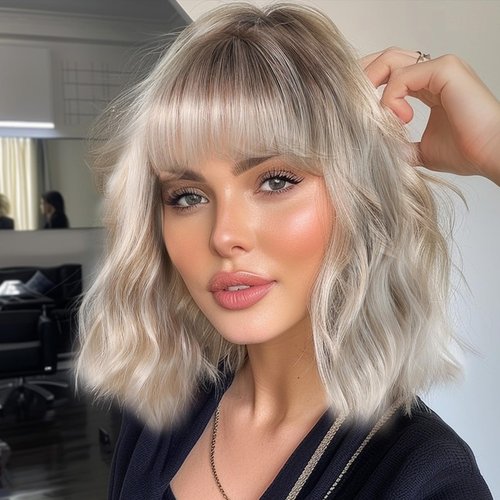 testar Short Wavy Bob Gray Wigs For White Women Platinum Curly Bob Wigs With Bangs White Bob Wig Synthetic Curly Wigs for Daily Party Use 14IN