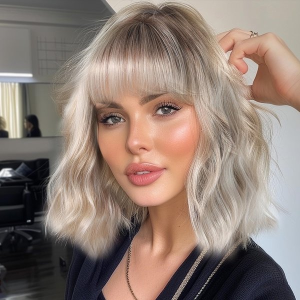 testar Short Wavy Bob Gray Wigs For White Women Platinum Curly Bob Wigs With Bangs White Bob Wig Synthetic Curly Wigs for Daily Party Use 14IN