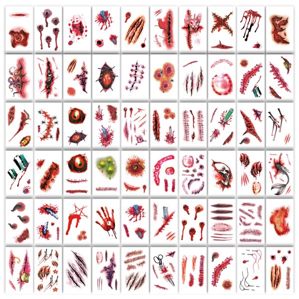 60 PCS Halloween Scar Tattoos, 60 Sheet Halloween Zombie Scars Tattoo Stickers Fake Scab Blood Special Fx Costume Makeup Props, Halloween Make Up Party Scar Tattoo Masquerade Prank Prop Decorations