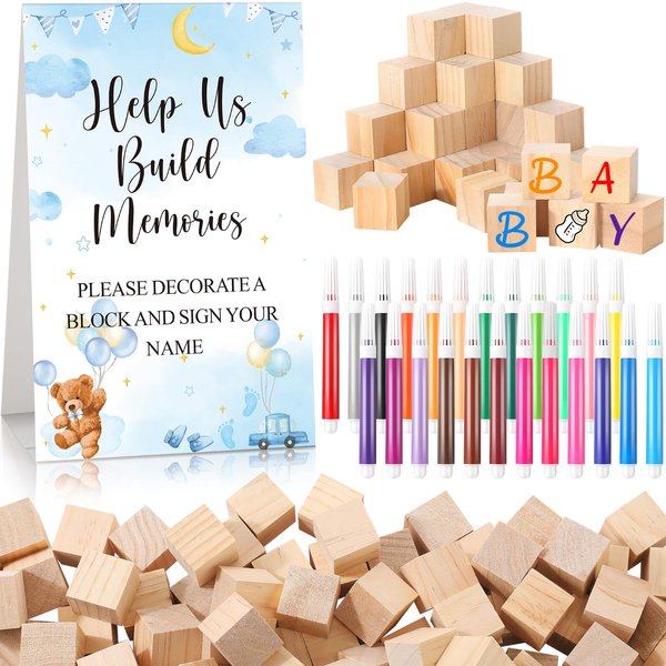 Dinifee 125 Pcs Baby Shower Decorate a Block Game Set Includes Help Us Build Memories Sign 100 DIY Blank Wooden Block 24 Paint Marker Baby Shower Prize for Wedding Baby Shower Game (Bear)