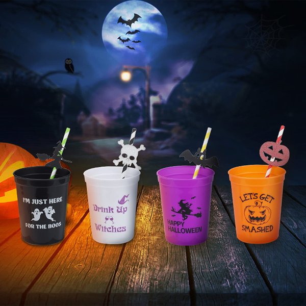 Ainibar Halloween Plastic Party Cups - Set of 12 16oz Stadium Cups and 12 Halloween Party Disposable Drinking Paper Straws,Perfect for Halloween Party Supplies