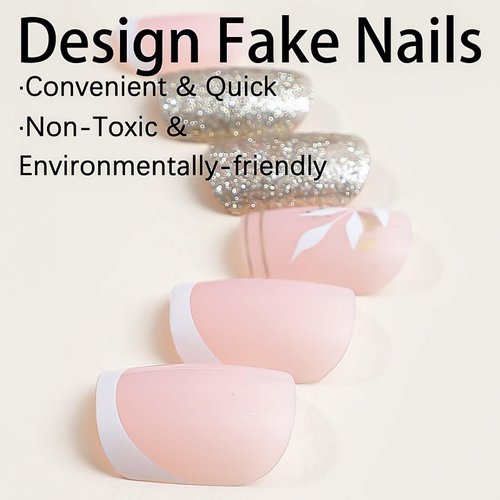 Short Square Nails Press on Rchosvam Square Fake Nails French Gold Glitter Stick on Nails Gold and Leaves Glue on Nails with Design for Womens Girls 24pcs