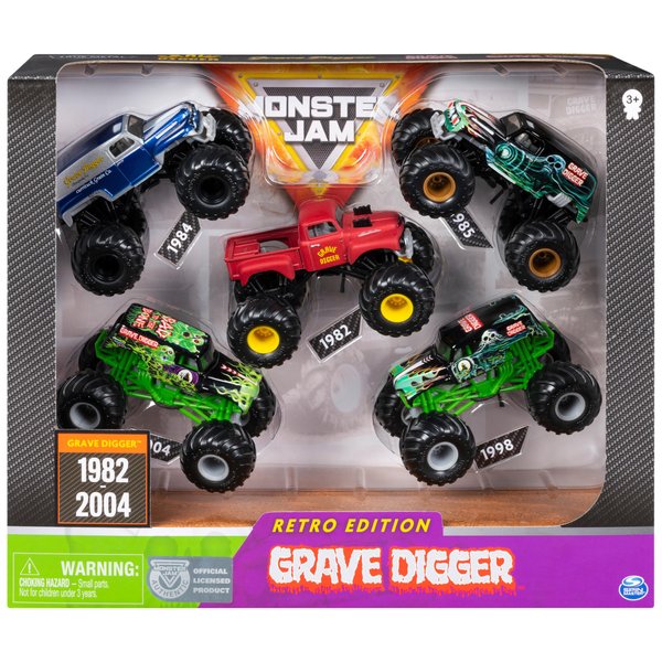 Monster Jam Grave Digger Monster Truck 5pc Value Pack: 1:64 Scale Retro Die-Cast Gift Set with Iconic Models (1982-2005) Chrome Rims and BKT Tires - Authentic Collectible for Fans & Birthday Parties