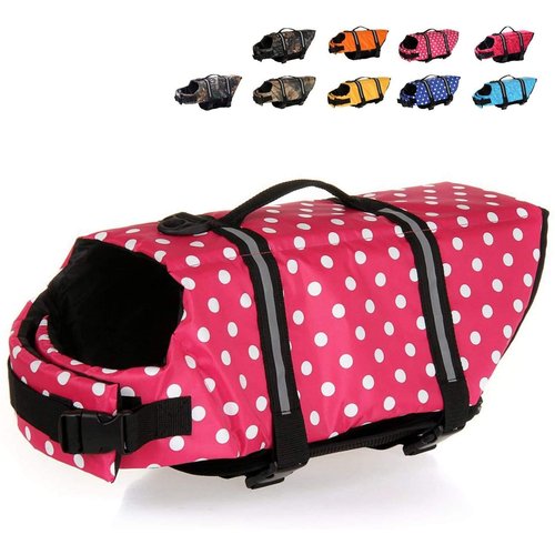 HAOCOO Dog Life Jacket Vest Saver Safety Swimsuit Preserver with Reflective Stripes/Adjustable Belt Dogs(Pink Polka Dot,L)