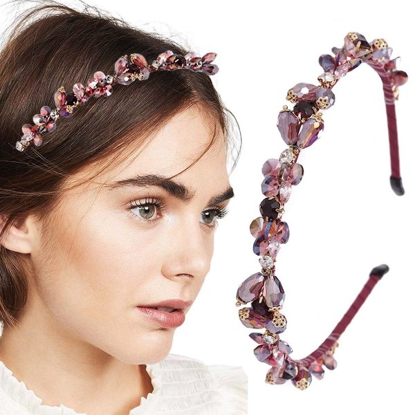 Firuilo Baroque Rhinestones Headbands Purple Thin Hairband Bling Crystal Beaded Head Band for Women and Girls (Purple)