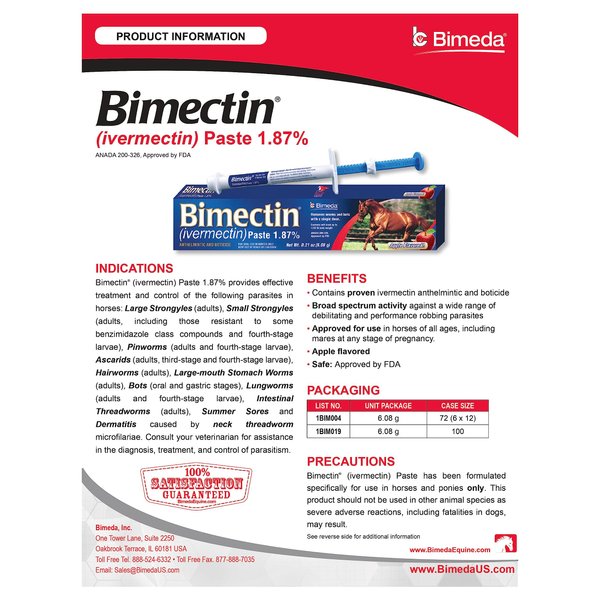 BIMECTIN IVERMECTIN 1.87% Paste WORMER PARASITES Apple Horse OTC (1 Tube)