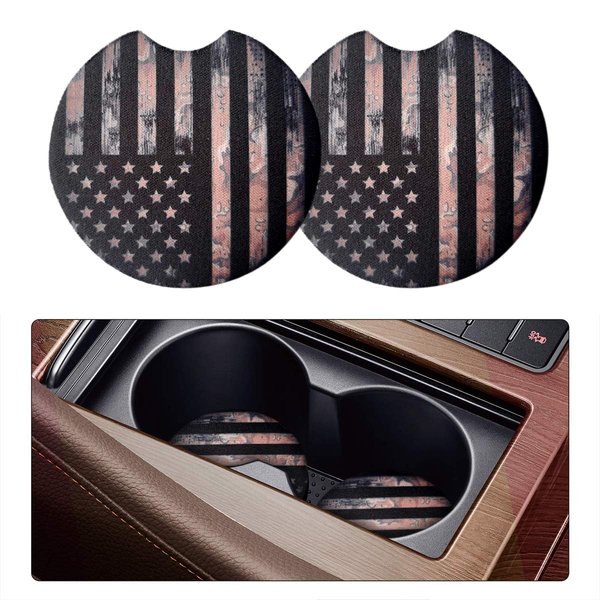 Osilly Car Coasters for Drinks, 2PCS Absorbent Camo America US Flag Cup Holders for Women and Men, 2.75 Inch Removable Cup Holder Insert Coaster, Car Interior Accessories for Most Cars (Black)