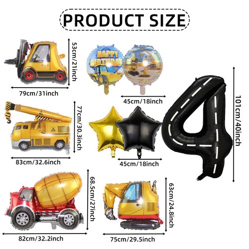 Construction 4th Birthday Party Decorations, 9pcs Construction Birthday Number Foil Balloon for Construction Trucks 4th Birthday Construction Theme Party Supplies (4th)