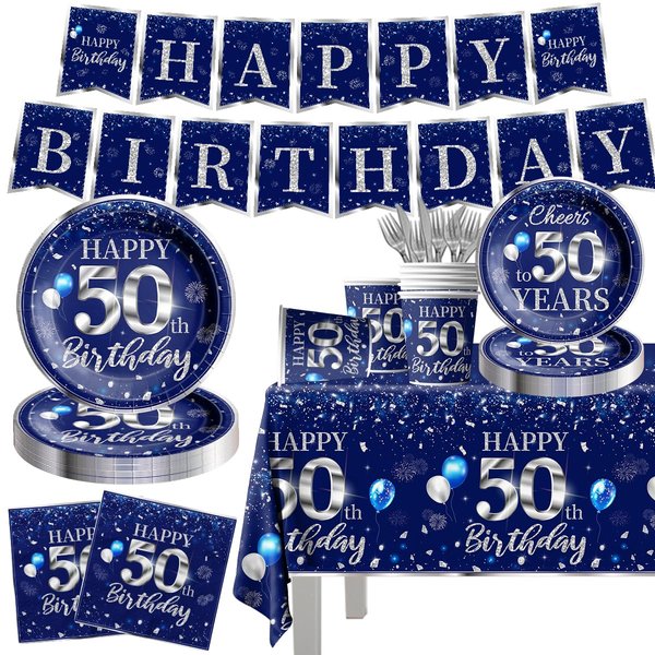 142 Pcs 50th Birthday Tableware Set Decorations Sliver and Blue 50th Happy Birthday Party Supplies for Men Women Birthday Tablecloth,Plates, Napkins, Cups,Forks and Knives
