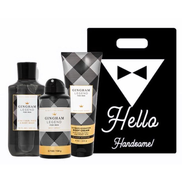 White Barn - Bath & Body Works - Men's Collection - 3 Piece Bundle with Gift Bag HELLO HANDSOME (Gingham Legend)