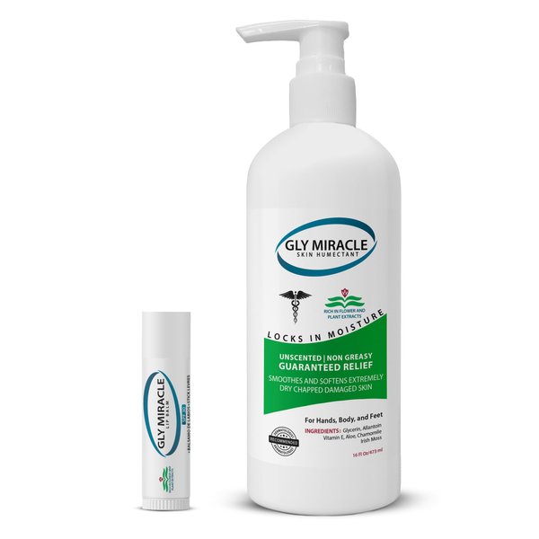 GLY MIRACLE Skin Humectant Hand & Body Lotion Extreme Hydration for Dry, Cracked, Irritated Skin; Non- Greasy; Unscented 2 Piece Bundle Includes One (1) 16 oz Pump Bottle, & (1) Unflavored Lip Balm