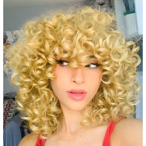 KEAT Curly Wigs for Black Women Short Big Curly Kinky Wigs for Women Afro Wavy Blonde Wig with Bangs Cute Natural Synthetic Wigs for African American Women K018BD