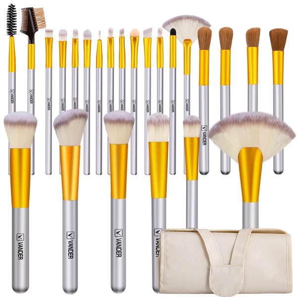 Makeup Brush Set, VANDER 24pcs Premium Synthetic Makeup Brushes for Foundation, Professional Eyeshadow, Eyeliner, Concealer Make up Brush Kit with Leather Travel Makeup bag, Champagne