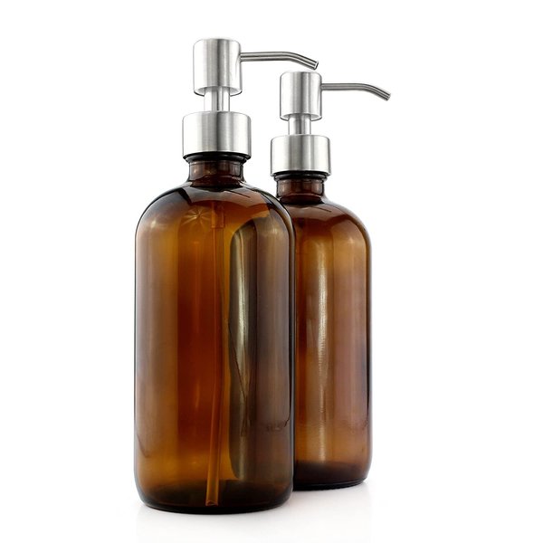 Cornucopia 16-Ounce Amber Glass Bottles w/Stainless Steel Pumps (2-Pack); Lotion & Soap Dispenser Brown Boston Round Bottles for Aromatherapy, DIY