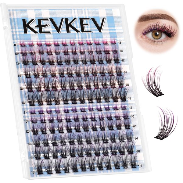 KevKev Colored Lash Clusters 144pcs Eyelash Clusters D Curl Individual Lashes Colorful Cluster Eyelash Extensions Wispy Cluster Lashes DIY at Home(Monsoon-Pink&Purple, D-8-18mix)