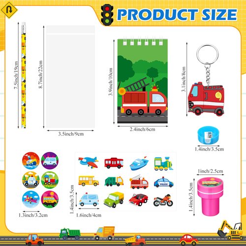 Pasimy 96 Pcs Transportation Party Favors Vehicle Birthday Party Favors Fire Truck Mini Notepad Bus Sticker Police Car Keychain Transport Party Supplies for Traffic Party Goodie Bag Filler Prize Gift