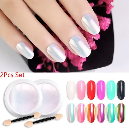 evpct 2Pcs Pearl White Mermaid Aurora Chrome Nail Powder Kit for Gel Nails Polish Rainbow Holographic Iridescent Chameleon Metallic Neon Nail Pigment Mirror Chrome Nail Powder for Gel Nails Glitter