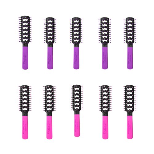 Cricket Static Free Fast Flo Mini Color Vent Hair Brush 10 Pack Set for Bachelorette Goodie Bags, Party Favors, Travel, Styling, Drying and Detangling All Hair Types, (Hot Pink and Purple), Value Set