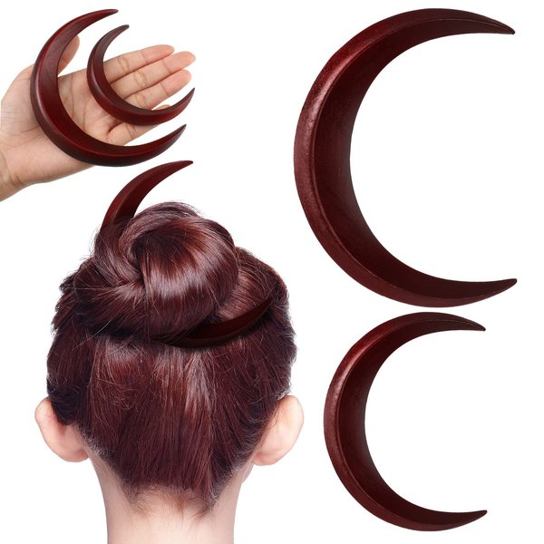 2 Pcs Hand Carved Crescent Moon Hair Fork for Women Moon Hair Stick Wooden Moon Hair Clip Crescent Moon Hairpin Wood Moon Hair Accessories Hair Styling Pins Moon Barrettes, 2 Sizes (Red)