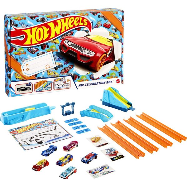 Hot Wheels Toy Cars & Track Set, HW Celebration Box of 6 1:64 Scale Vehicles, Track, Connectors, 4-Speed Launcher, Ramps, Activity Page & Stickers