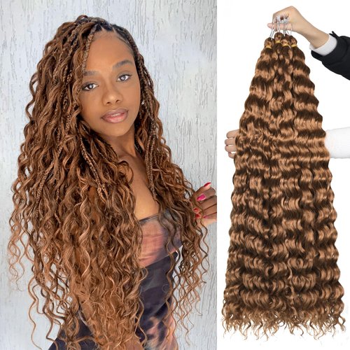 Bileaf Water Wave Crochet Hair Brown Soft Curly Braiding Hair for Knotless Boho Goddess Locs Braids Synthetic Hair Extensions, Long Braiding Hair Deep Wavy Crochet Hair for Braids 30 Inch 7 Packs
