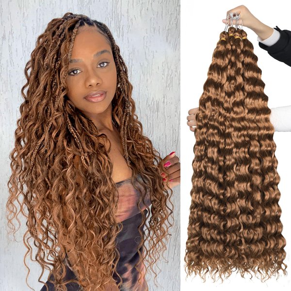 Bileaf Water Wave Crochet Hair Brown Soft Curly Braiding Hair for Knotless Boho Goddess Locs Braids Synthetic Hair Extensions, Long Braiding Hair Deep Wavy Crochet Hair for Braids 30 Inch 7 Packs
