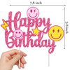 Preppy Smile Face Party Cake Topper Preppy Birthday Party Decoration Rose Red Smile Face Happy Birthday Cake Pick Decoration for Girls Preppy Themed Birthday Bachelorette Party Supplies