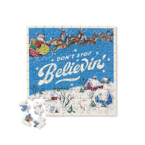 Brass Monkey Don't Stop Believin' 100 Piece Mini Shaped Puzzle; 7.25" x 7.25"; Foil Accents; Ready to Gift; Holiday Puzzle for Adults