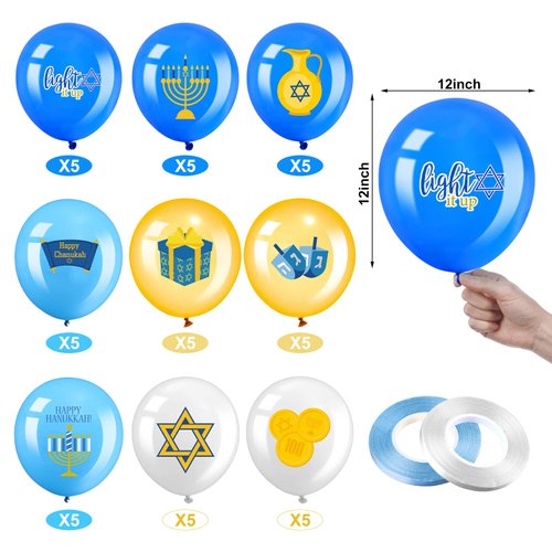 45 Pieces Hanukkah Party Balloons 12 Inch Menorah Dreidel Balloons Chanukah Toy Happy Hanukkah Latex Balloons for Hanukkah Party Jewish Holiday Party Indoor Outdoor Home Yard Decoration Supplies
