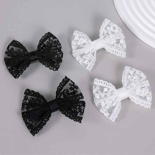 4pcs White Lace Hair Bow Clips 3" Cute Black Lace Ribbon Bow Alligator Hairpins Barrettes Baby Teens Toddler Flower Girls Wedding Pageant Communion Birthday Party Dress Decor Accessories