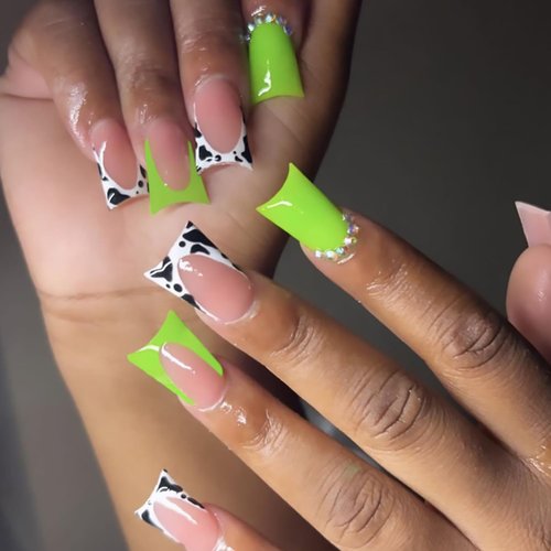 Tyuimhx Green Duck Nails With Rhinestones Designs Press on Milk Pattern Wide French Tip Fake Nails Full Cover Duck Feet Nail Tip Acrylic Duck False Nails Stick on Nails for Women Girls