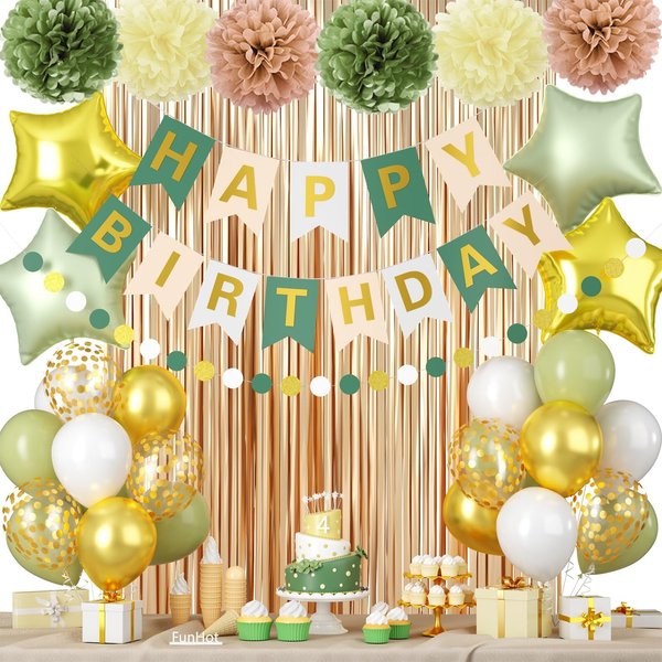 Sage Green Birthday Decorations,Women Girls Boho Party Decorations with Sage Green White Gold Confetti Birthday Balloons Happy Birthday Banner Gold Fringe Curtain Tissue Paper Pompoms Star Garland