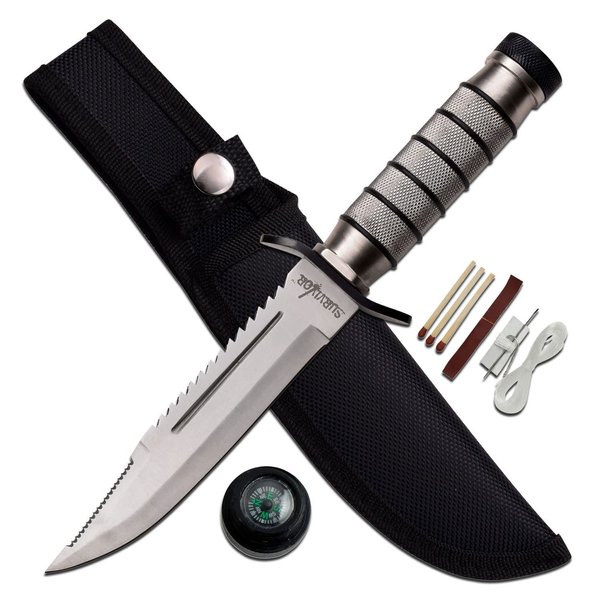 Survivor HK-695 Fixed Blade Knife, Silver Reverse Serrated Blade, Silver Metal Handle, 9-1/2-Inch Overall