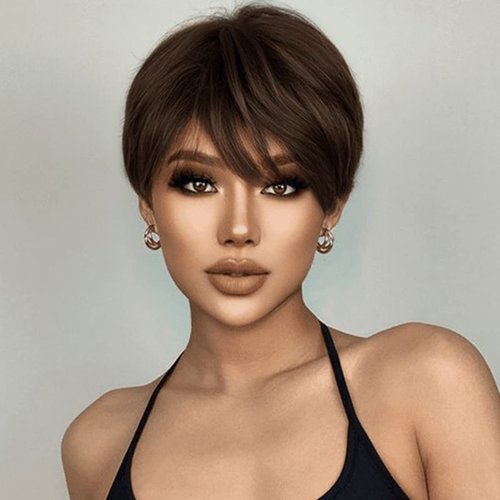 Creamily Short Brown Pixie Cut Wigs with Bangs Layered Pixie Short Wavy Hair Wig Natural Synthetic Full Hair Wigs for White Women Costume Wigs