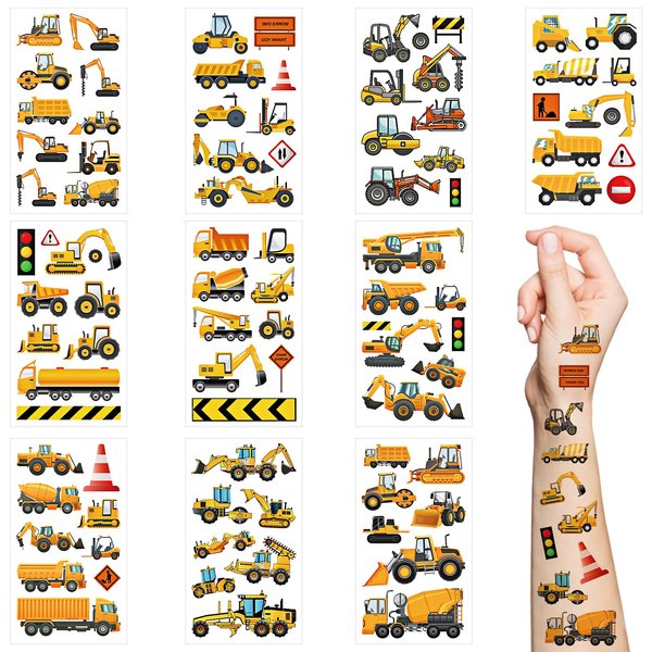 Excavator Temporary Tattoos for Kids,10 Sheets Construction Truck Engineering Vehicle Fake Tattoo Stickers Waterproof Cartoon Car Themed Tattoos for Boys Girls Kids Party Supplies