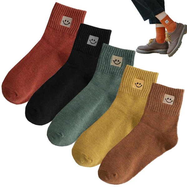 XIUYANG 5 Pairs Cute Smiling Face Socks Embroidery Ankle Novelty Funny Socks Gifts for Womens Socks (multicolor-5)