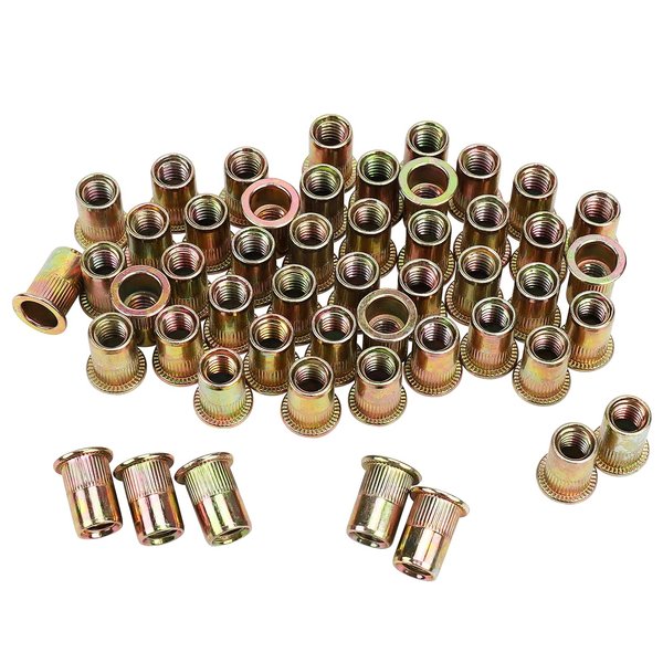 PRECIHW 100pcs Carbon Steel 5/16'' Rivet Nut, 5/16''-18UNC Flat Head Rivnut Threaded Insert Nuts Set, 5/16 Rivnut Inserts for Automotive, Furniture, Decoration (Yellow Zinc Plated Finish)