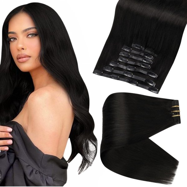Full Shine Black Hair Extensions Clip in Human Hair 18 Inch Pu Weft Clip in Extensions Real Human Hair Double Weft Natural Black Straight Clip in Hair Extensions Invisible 8Pcs 120 Grams